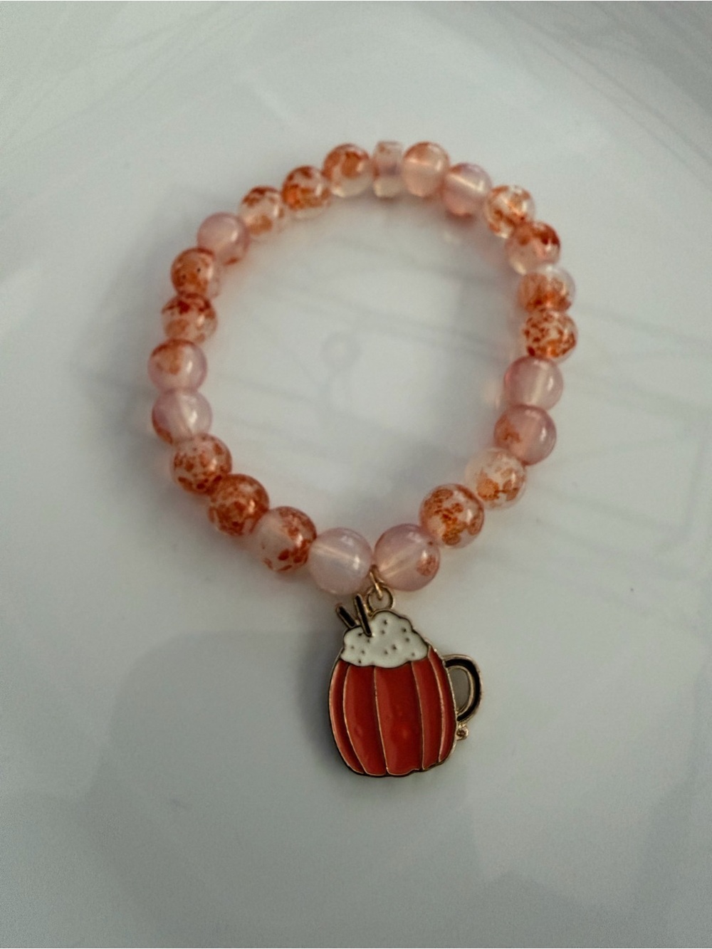 Pumpkin Spice Mug Charm Pink Orange Beaded Bracelet